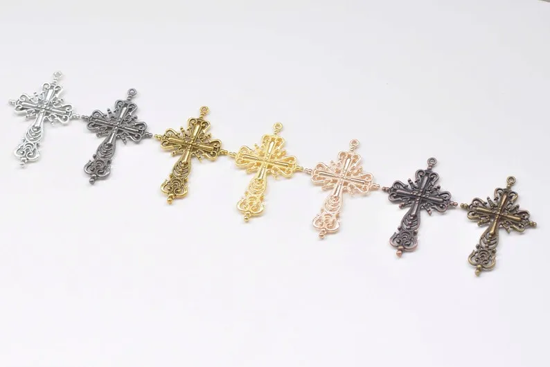 10 pcs Antique Bronze/Copper/Silver/Black/Gold Filigree Cross Pendants Charms 42x63mm