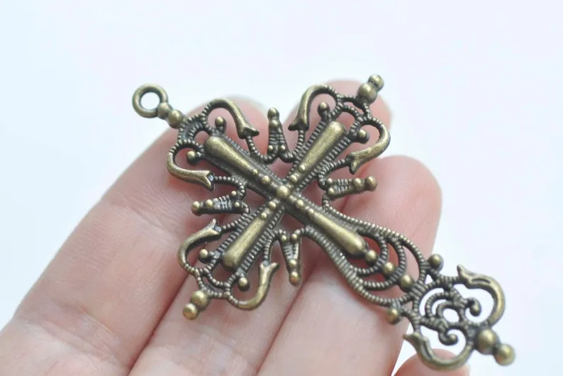10 pcs Antique Bronze/Copper/Silver/Black/Gold Filigree Cross Pendants Charms 42x63mm