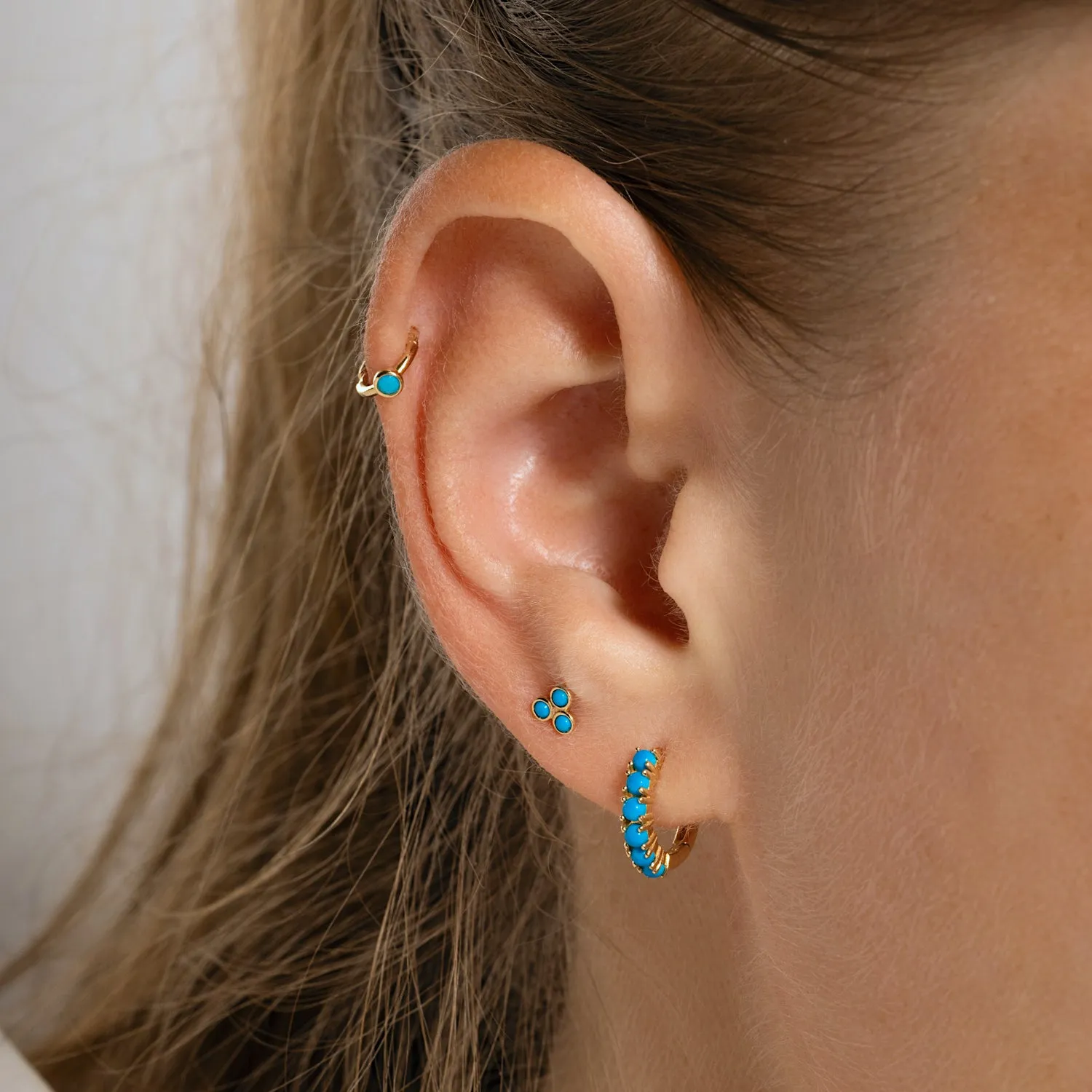 14K Solid Gold Turquoise Baby Single Clicker Hoop