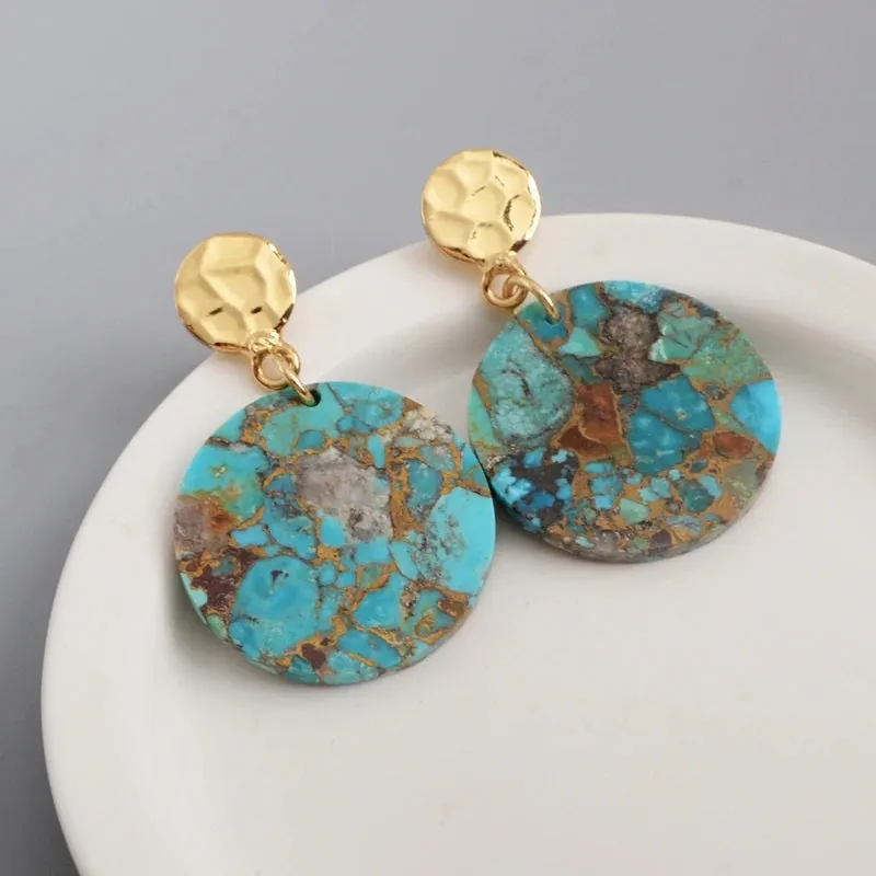 18K Gold Plated Copper Turquoise Round Disk Drop Earrings