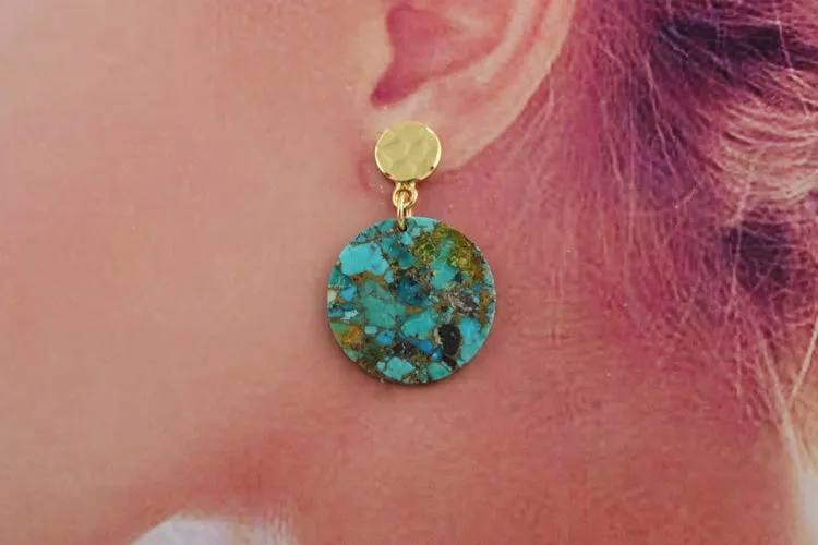 18K Gold Plated Copper Turquoise Round Disk Drop Earrings