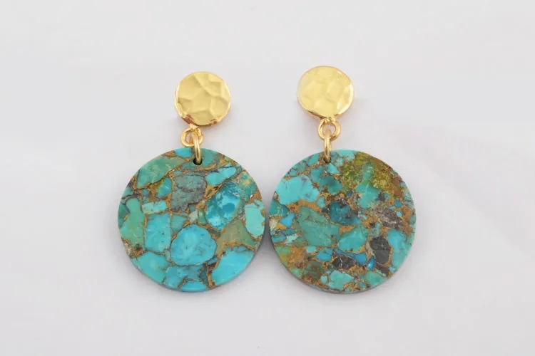 18K Gold Plated Copper Turquoise Round Disk Drop Earrings