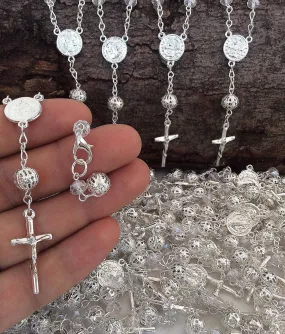 50 pcs st. Benedict Silver clasp rosaries, Bracelet Rosary, Car Mirror, First communion favors, baptism, christening, Recuerditos Bautizo