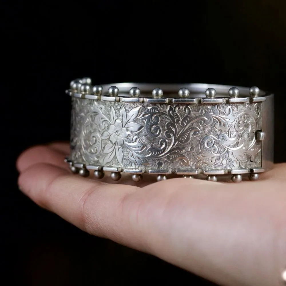 Antique Victorian Engraved Bangle Sterling Silver Circa 1900