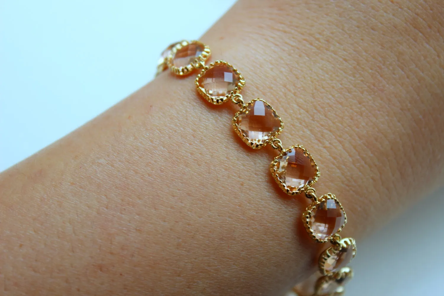 Blush Champagne Bracelet Gold Plated - Pink Peach Bridesmaid Bracelet - Champagne Wedding Jewelry - Christmas Gift for Her - Bridesmaid Gift