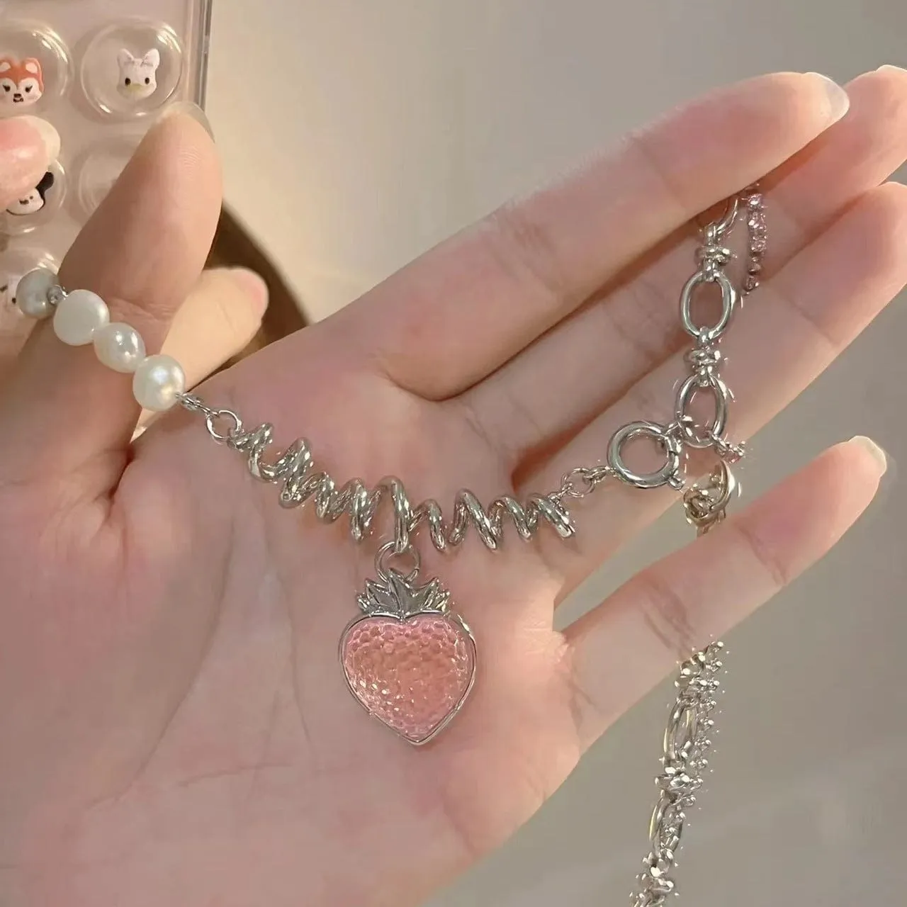 Chic Pink Strawberry Pendant Pearl Chain Choker Necklace