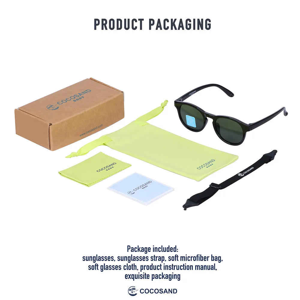 COCOSAND Round Baby Sunglasses with Strap Flexible Frame UV 400 Protection, Age 0-2, Black