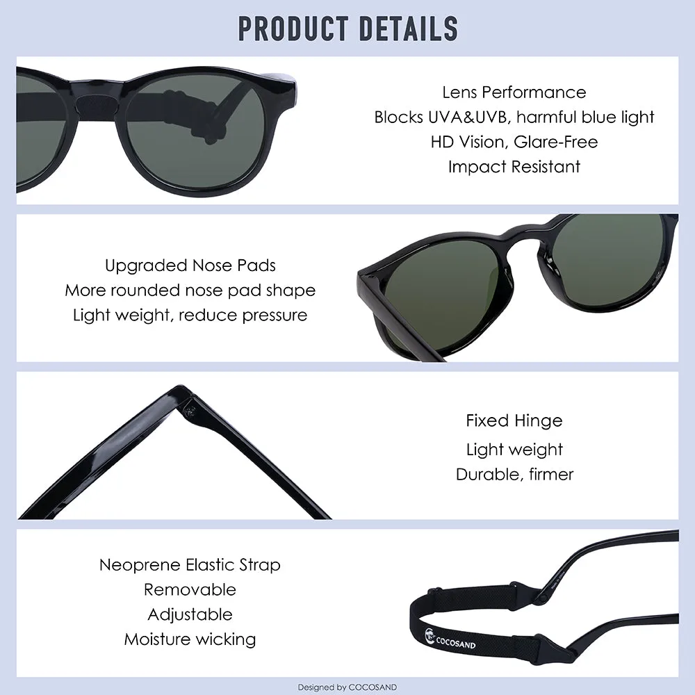 COCOSAND Round Baby Sunglasses with Strap Flexible Frame UV 400 Protection, Age 0-2, Black