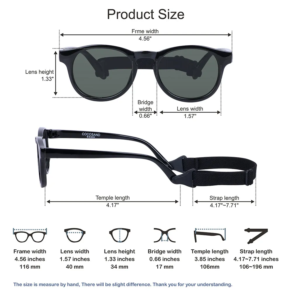 COCOSAND Round Baby Sunglasses with Strap Flexible Frame UV 400 Protection, Age 0-2, Black