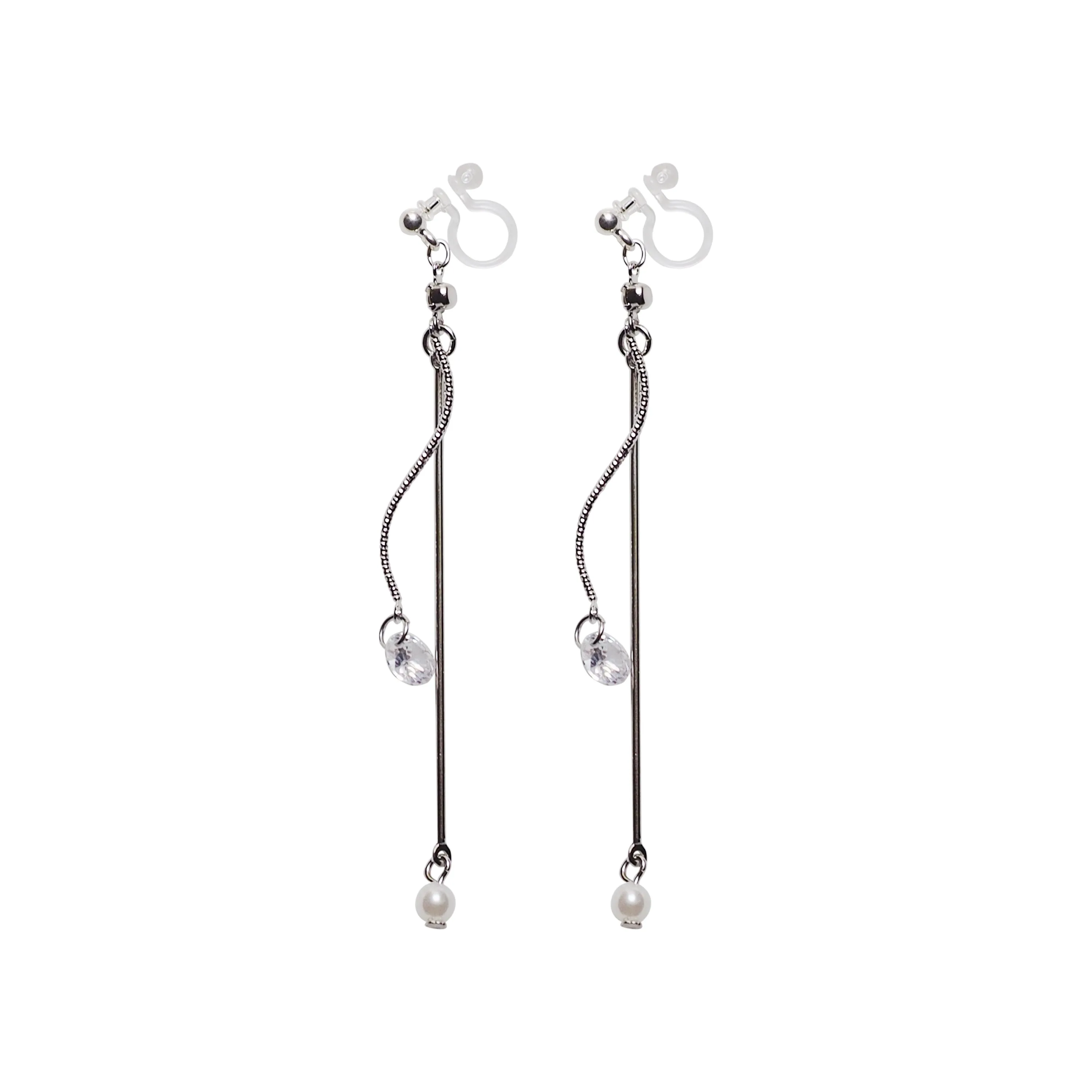 Dangle Silver Cubic Zirconia & Pearl Invisible Clip On Earrings