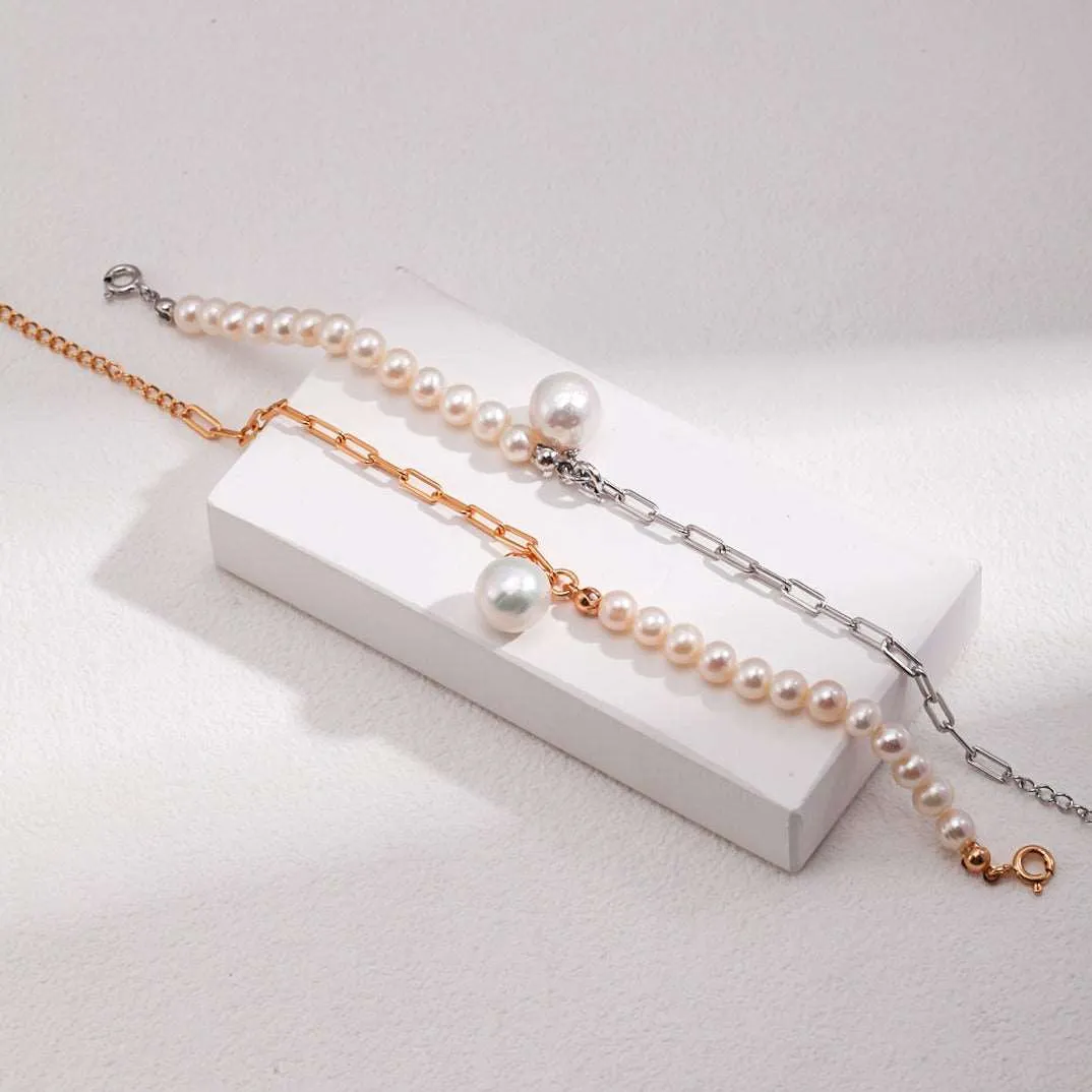 Elegant Baroque Pearl Splice Chain Bracelet