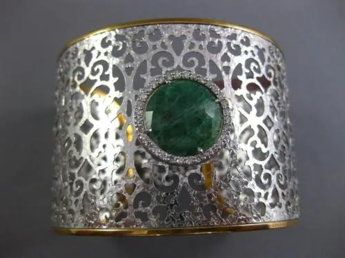 ESTATE LARGE 6.46CT DIAMOND & AAA GREEN AGATE 14KT 2 TONE GOLD BANGLE BRACELET