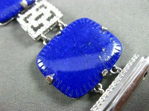 ESTATE LARGE & WIDE 36.20CT DIAMOND & LAPIS 14KT WHITE GOLD FILIGREE BRACELET