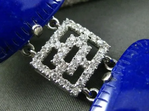 ESTATE LARGE & WIDE 36.20CT DIAMOND & LAPIS 14KT WHITE GOLD FILIGREE BRACELET
