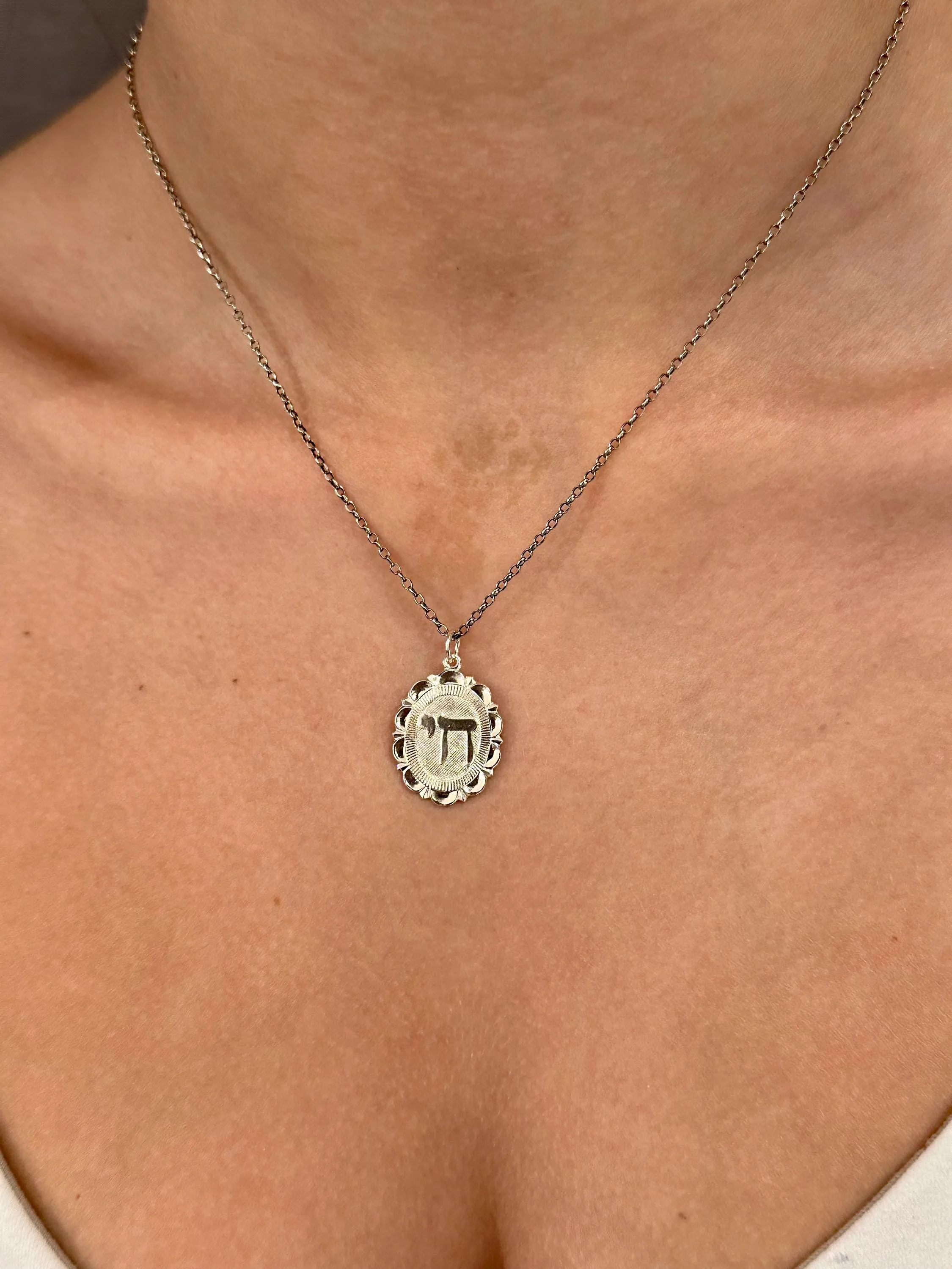 Fancy 'Chai' Oval Medallion Necklace - Silver