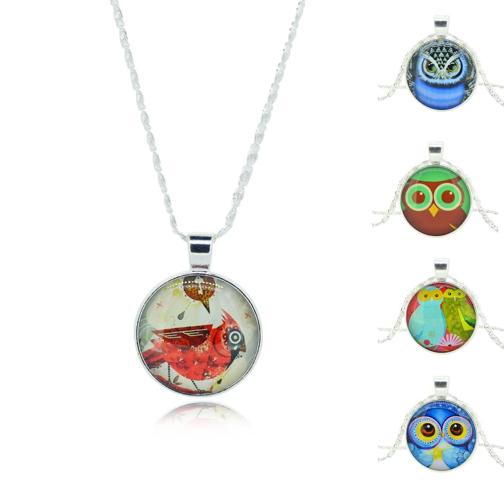 Fashion Owl Pendant Necklace in Jewelry Vintage Glass Cabochon Statement Necklace Newest Silver Color Chain Necklace