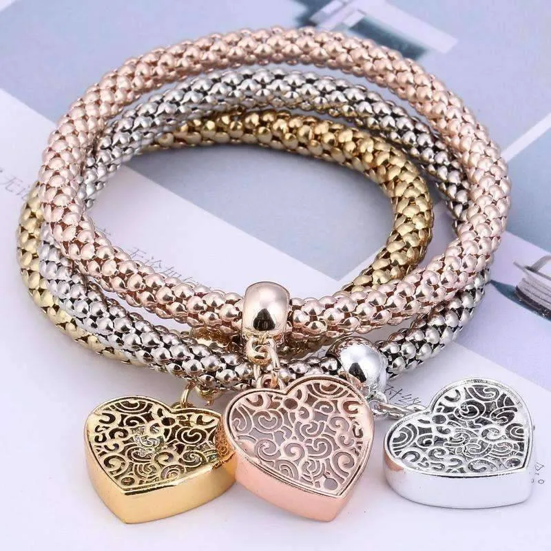 Filigree Heart Austrian Crystal Tri-Color Stretch Bracelet Set