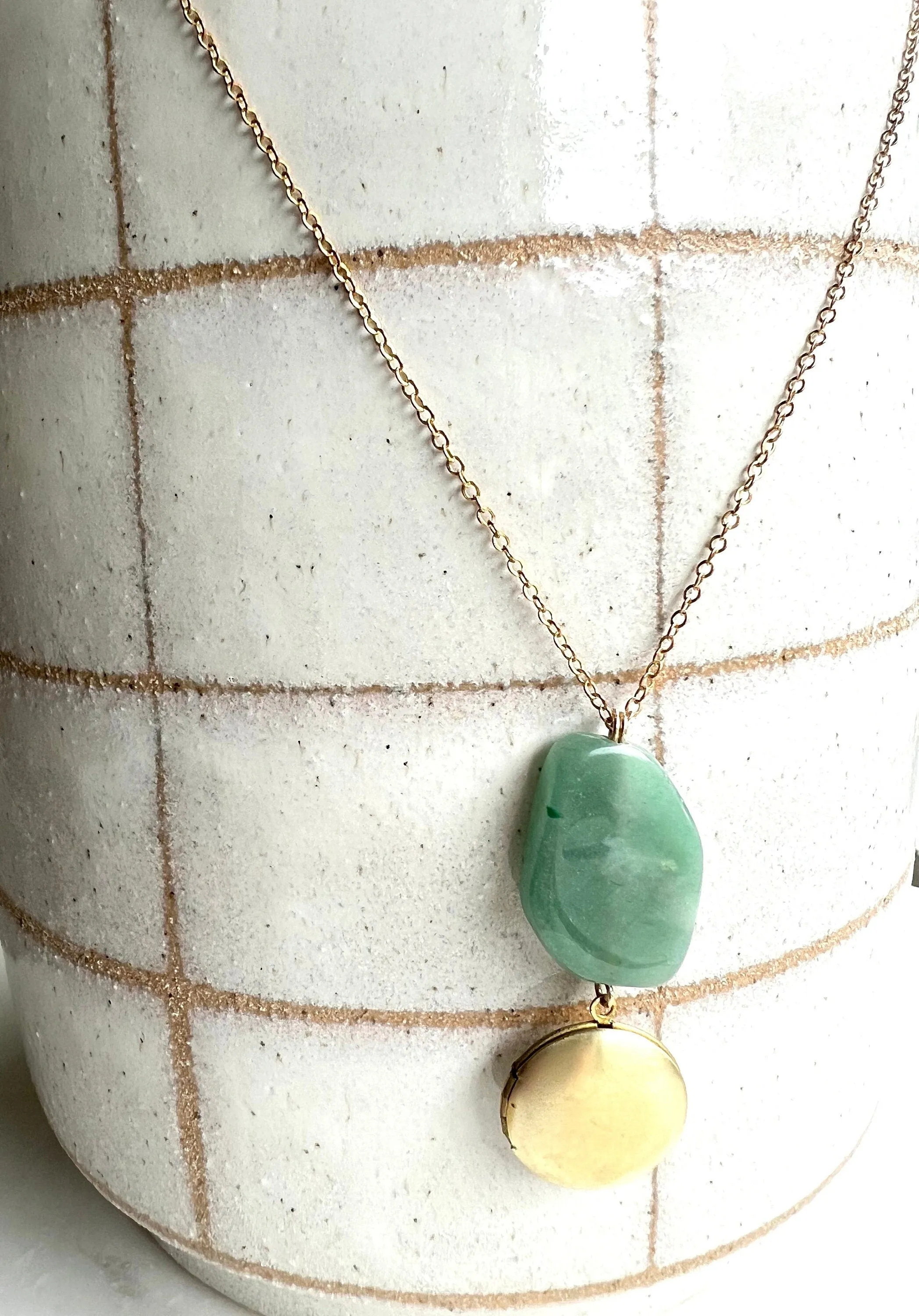 Green Stone Necklace with Tiny Locket