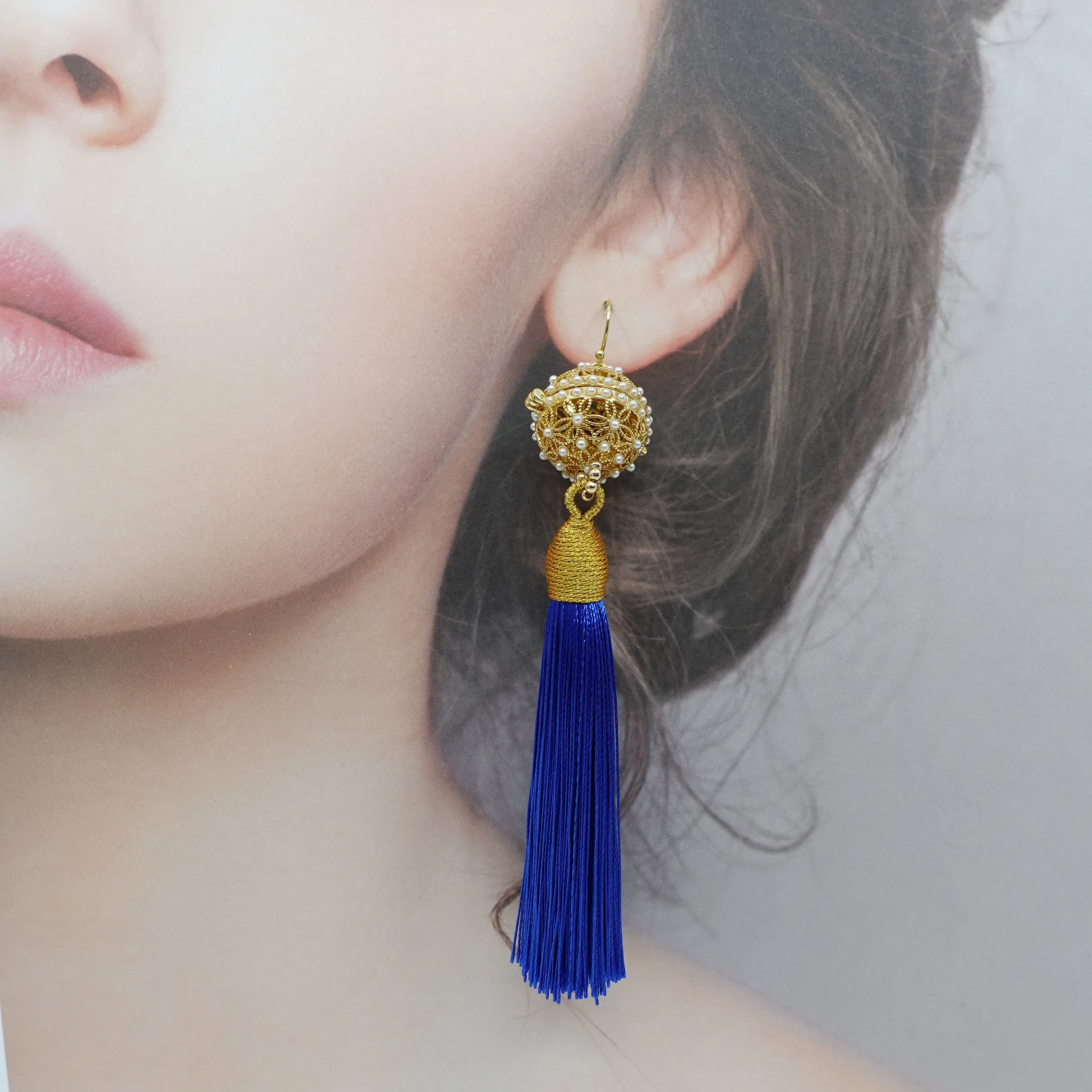 Herbal Locket Silk Tassel Earrings - Royal Blue