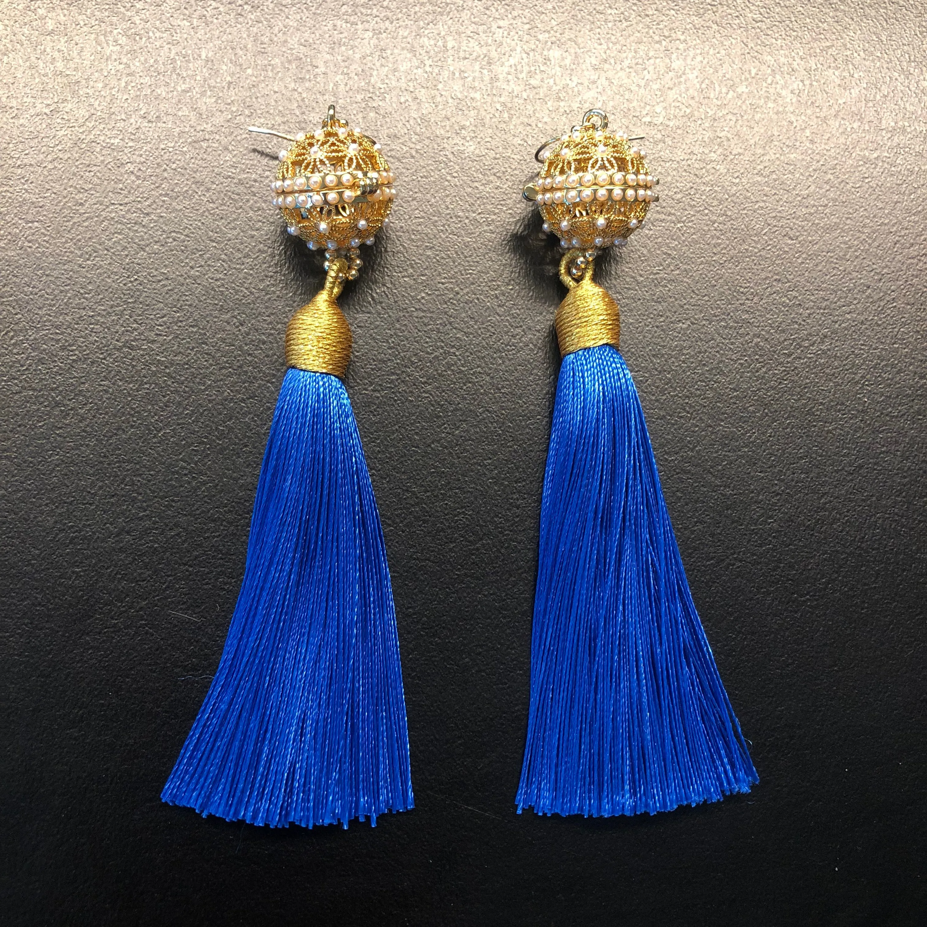 Herbal Locket Silk Tassel Earrings - Royal Blue
