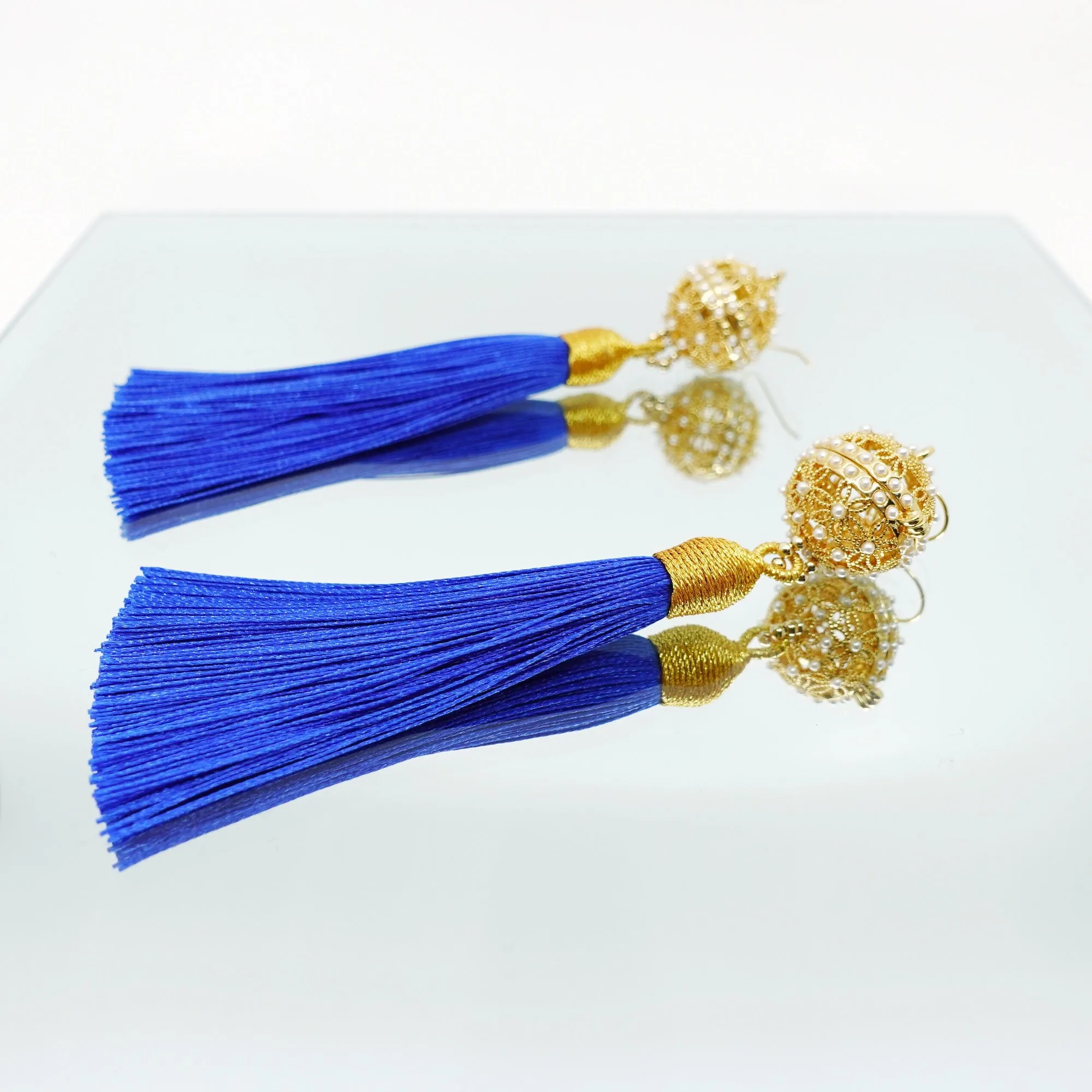 Herbal Locket Silk Tassel Earrings - Royal Blue