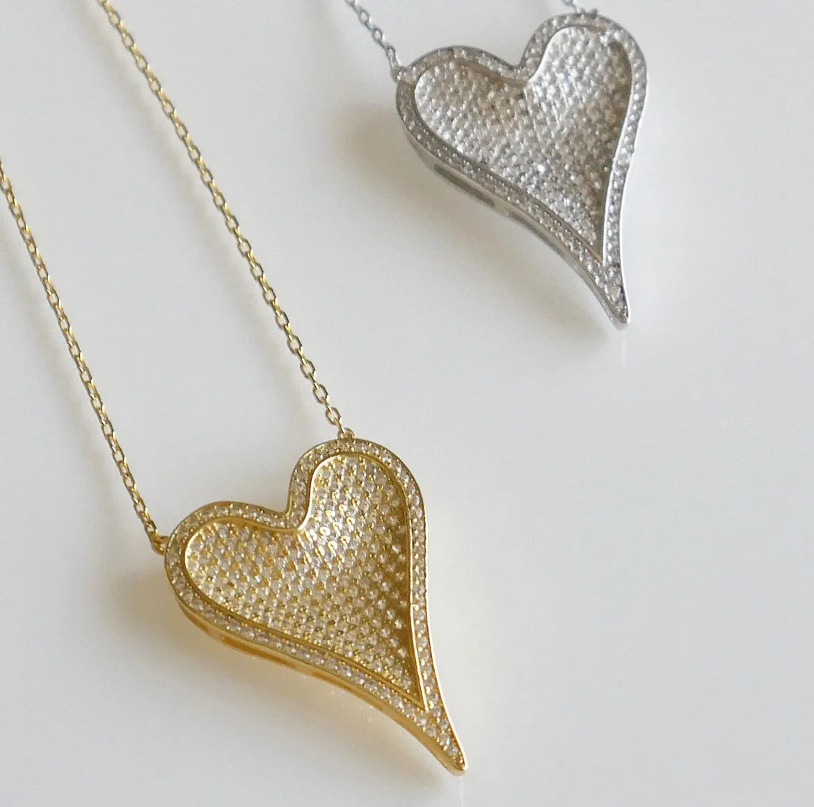 Large Heart Necklace, Pave Diamond CZ Glamorous Girl .925 Sterling Silver Necklace