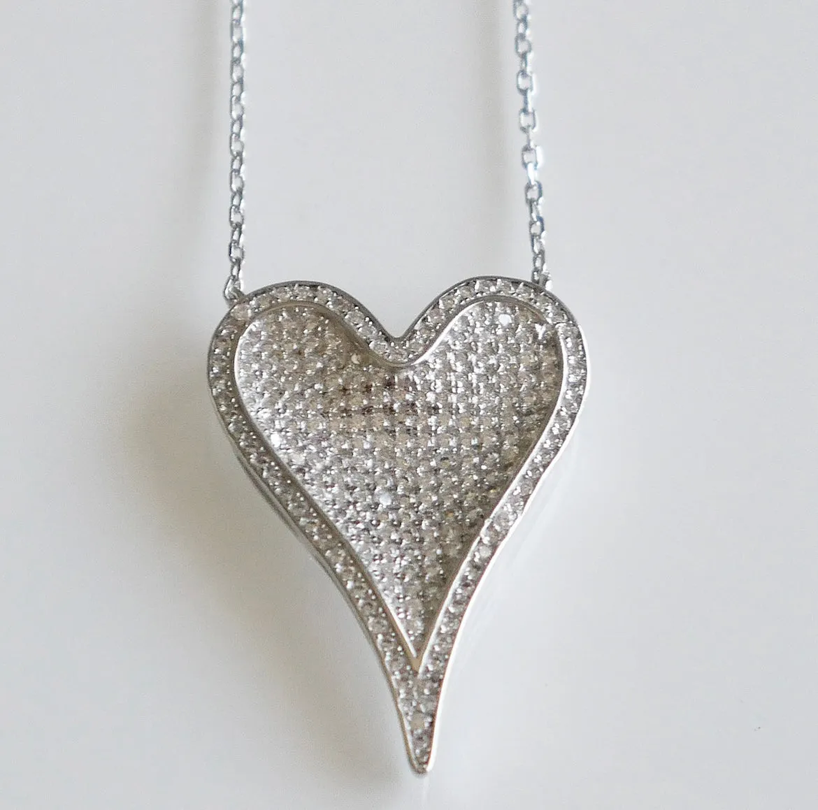 Large Heart Necklace, Pave Diamond CZ Glamorous Girl .925 Sterling Silver Necklace