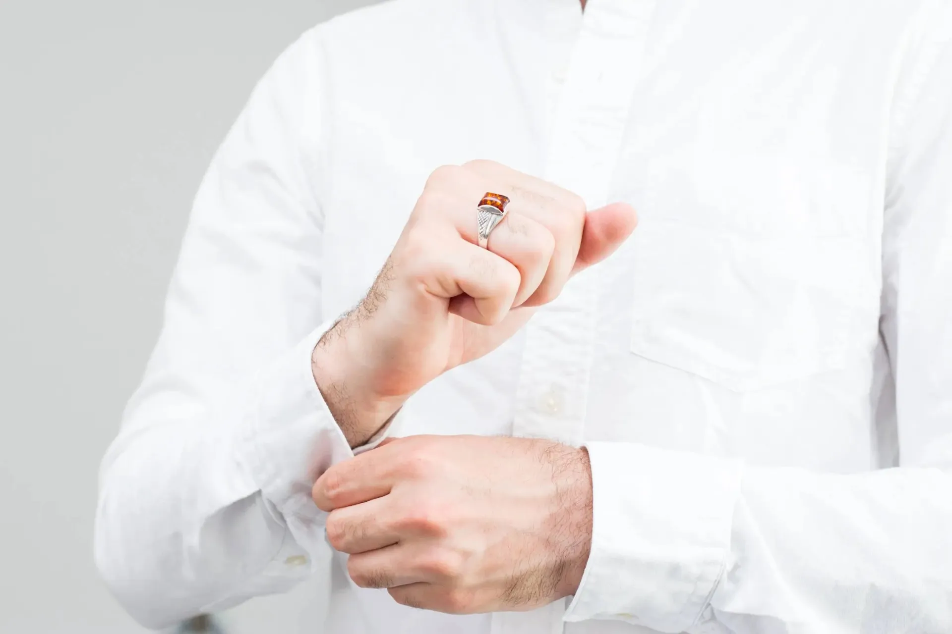 Men's Amber Solitaire Ring - Sterling Silver Band with Baltic Amber Gemstone