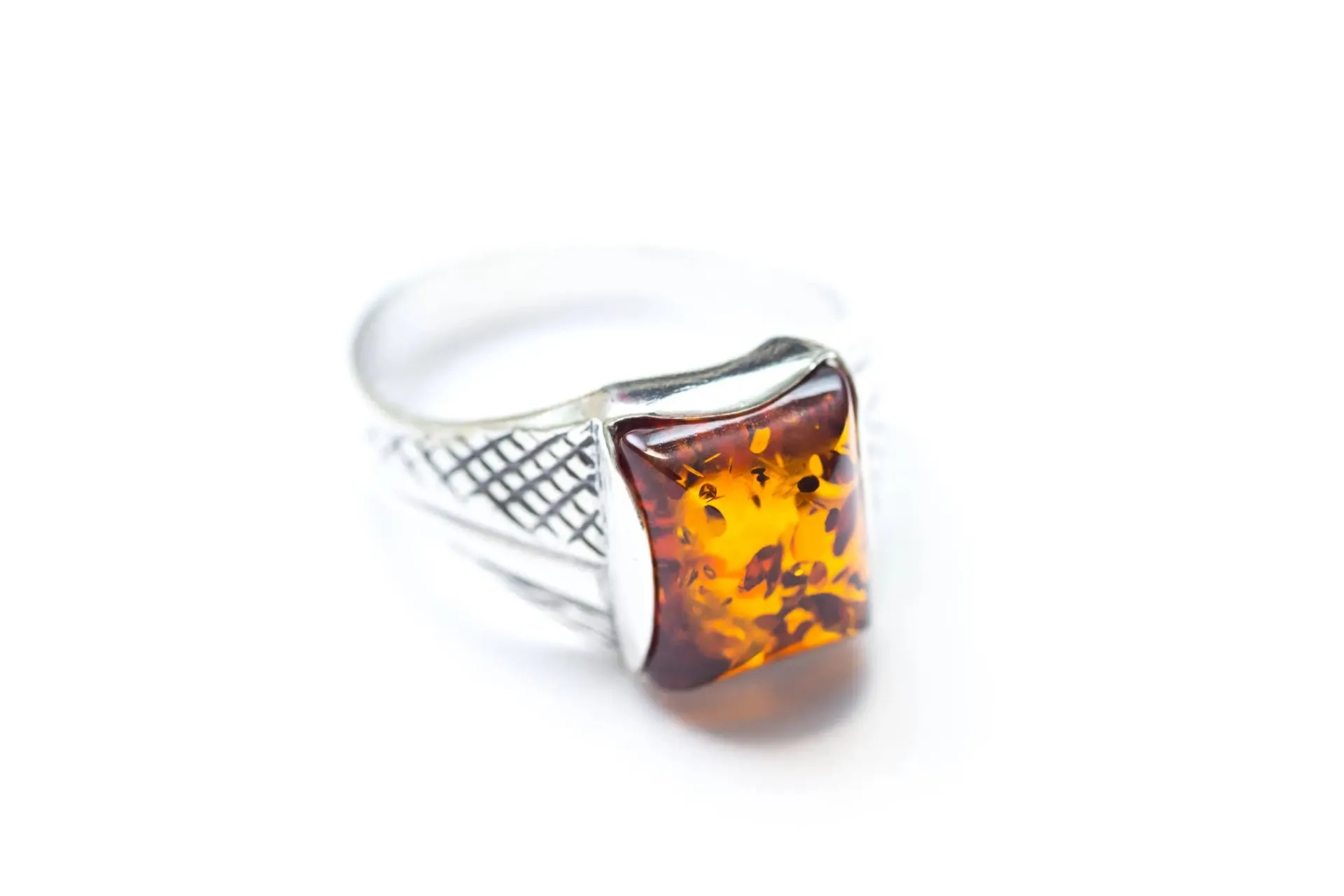 Men's Amber Solitaire Ring - Sterling Silver Band with Baltic Amber Gemstone