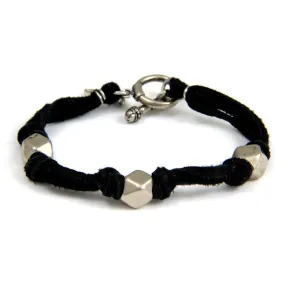 Mens Silver Triple Beaded Black Deerskin Leather Bracelet