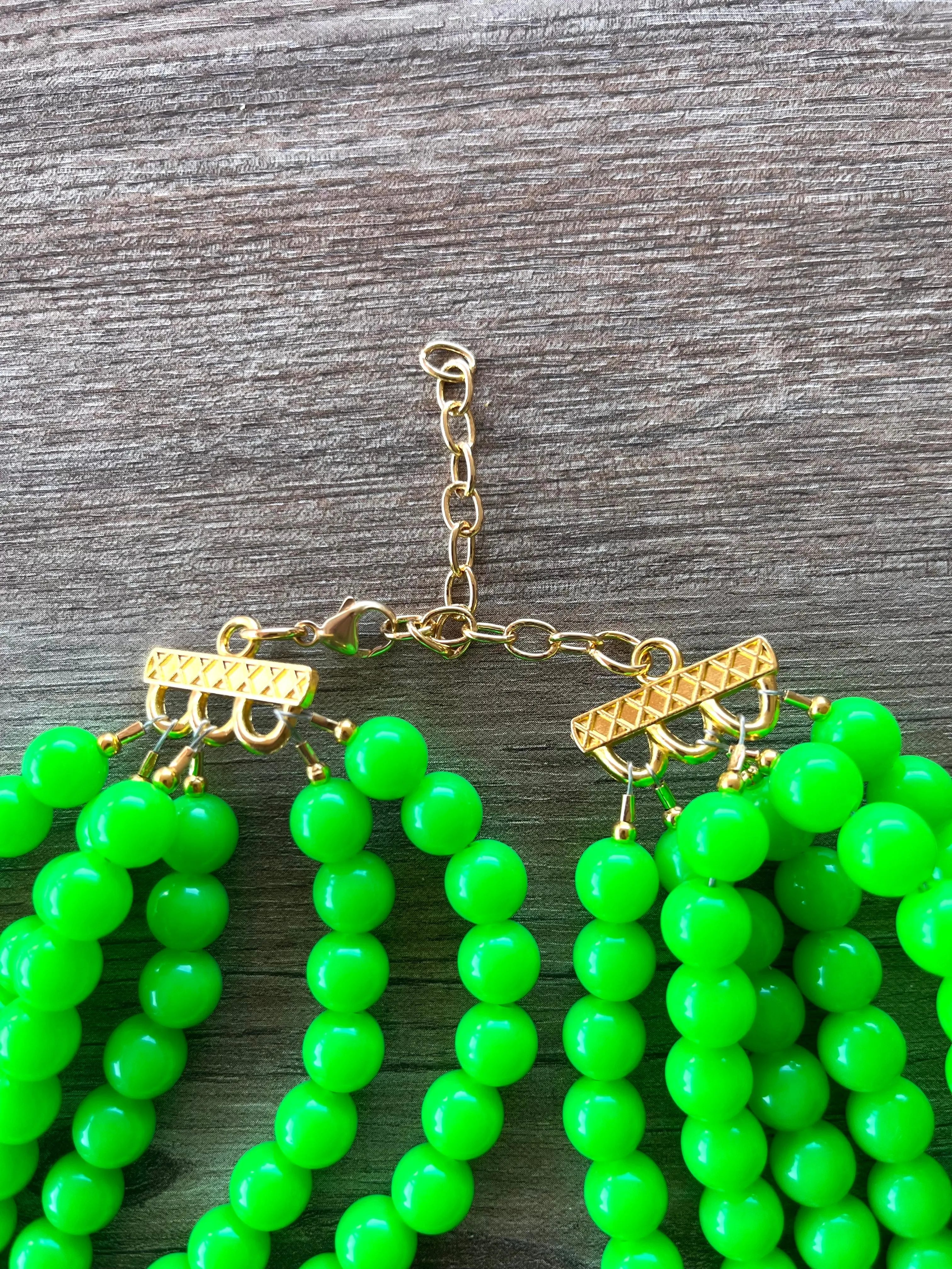 Neon Green Acrylic Lucite Bead Chunky Multi Strand Statement Necklace - Alana