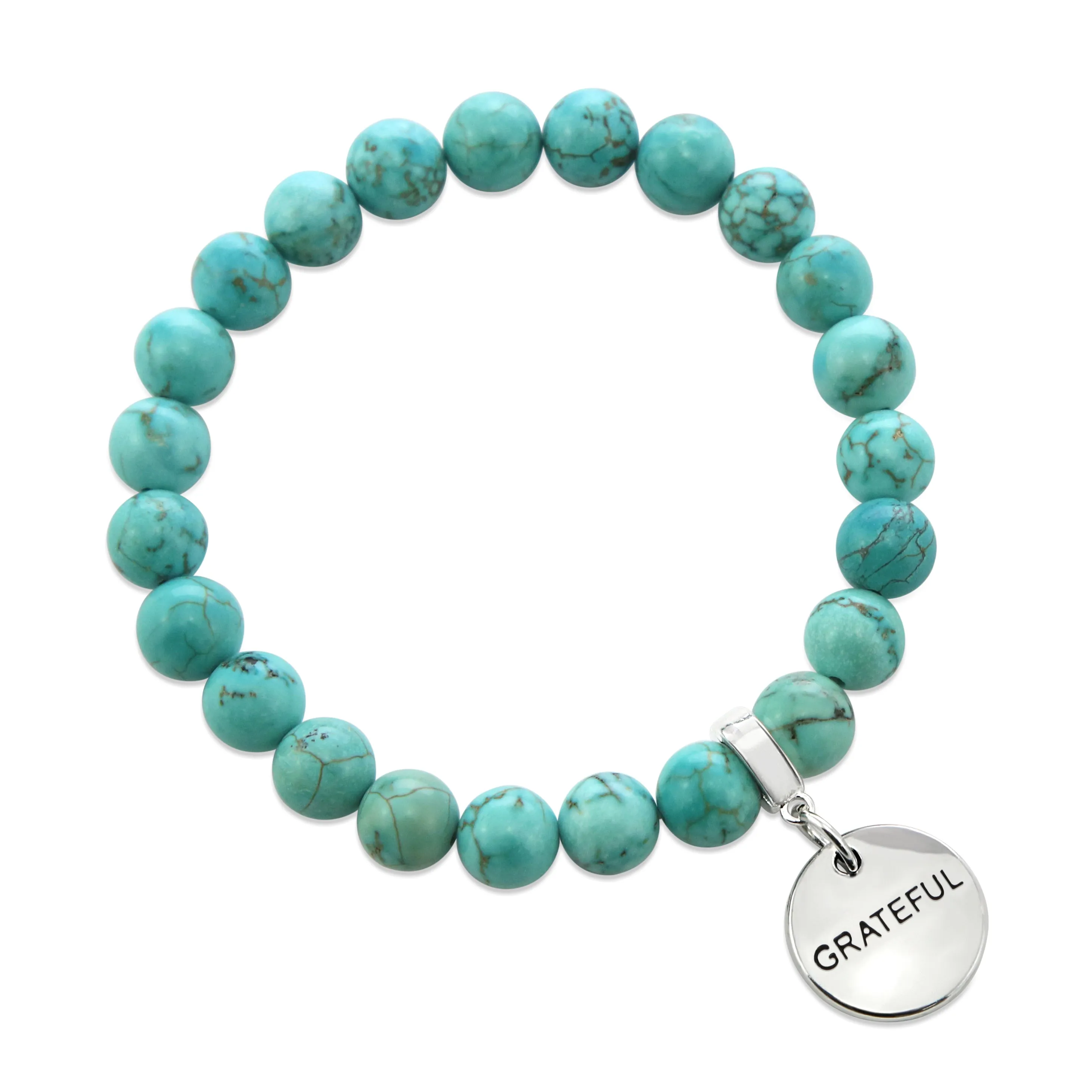 Stone Bracelet - Aqua Breeze Turquoise 8mm Beads - With Silver Word Charms