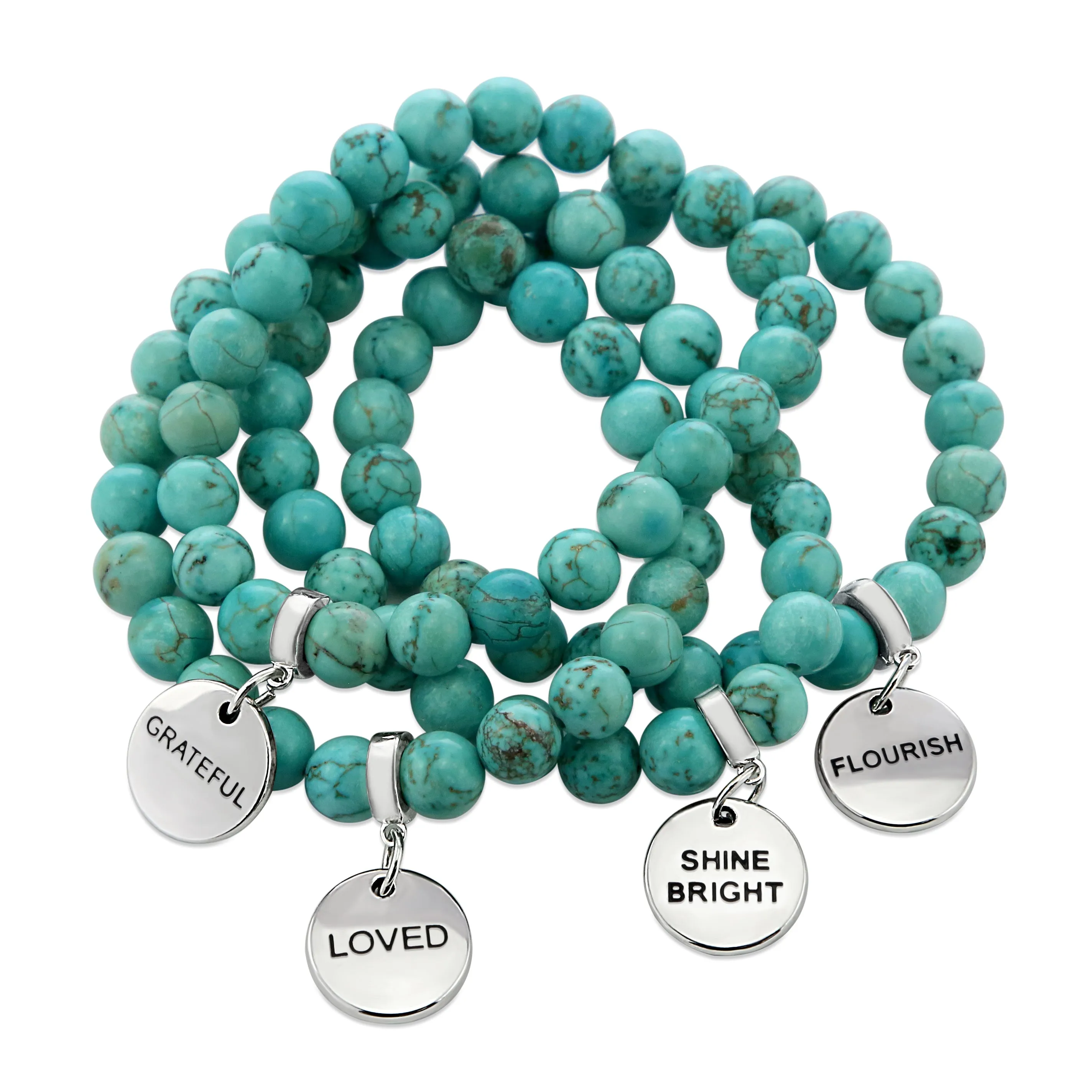 Stone Bracelet - Aqua Breeze Turquoise 8mm Beads - With Silver Word Charms
