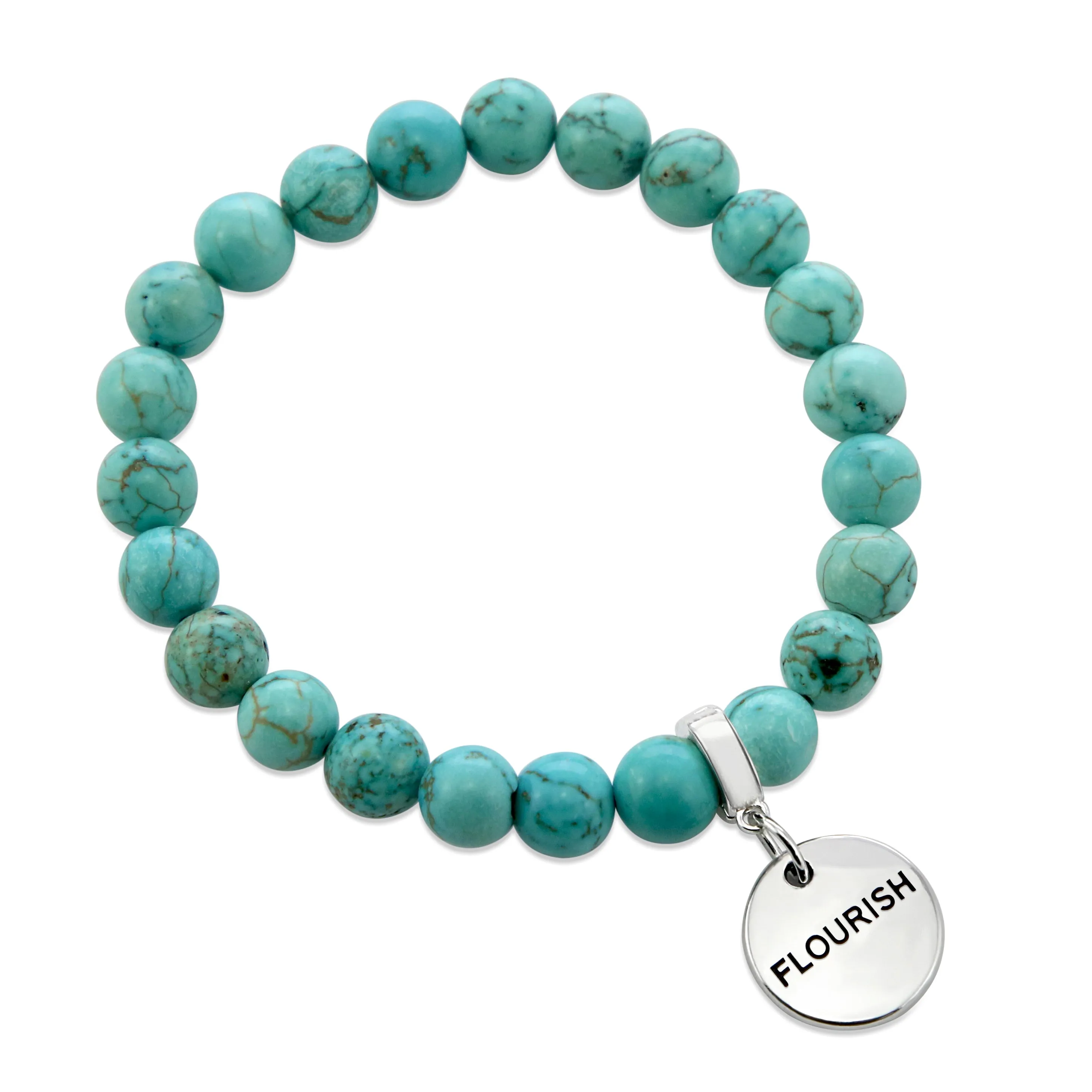 Stone Bracelet - Aqua Breeze Turquoise 8mm Beads - With Silver Word Charms