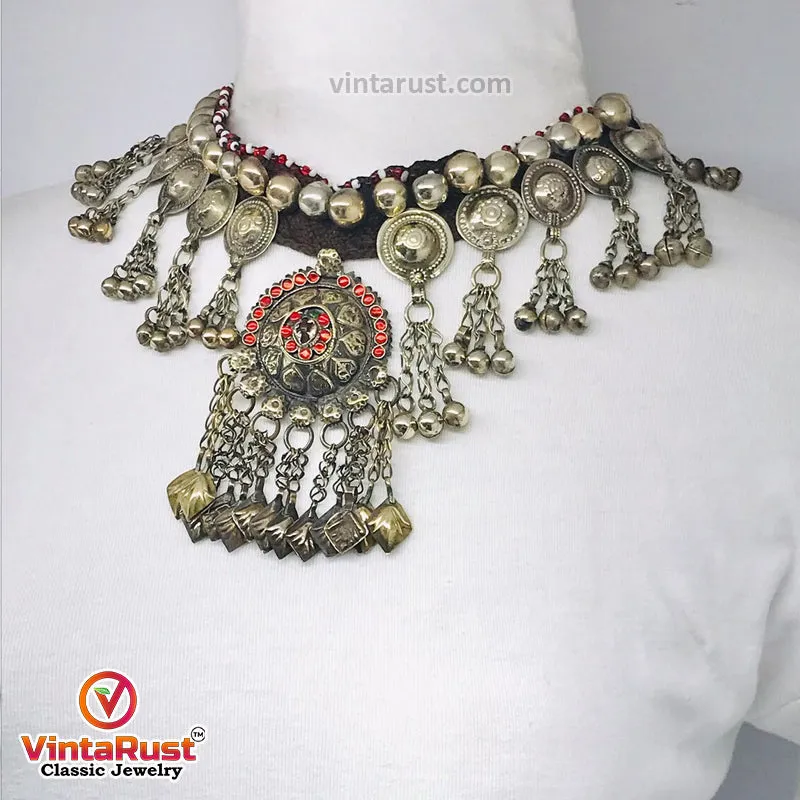 Tribal Turkman Pendant Necklace With Buttons and Bells