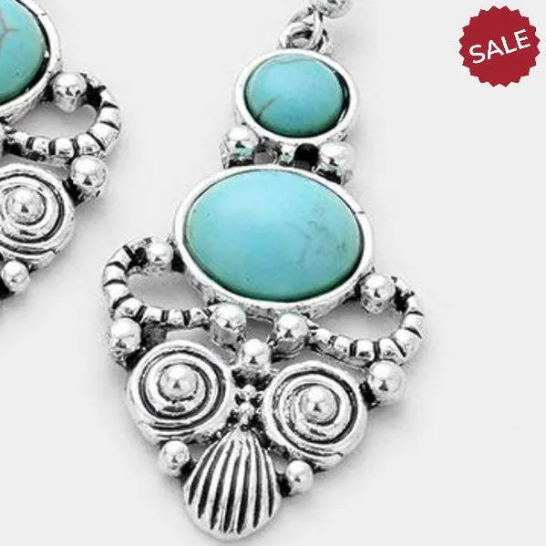 Turquoise (Faux) Ornate Antique Silver Earrings