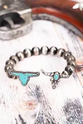 Turquoise Gunrise Steer Head Silvertone Cuff Bracelet