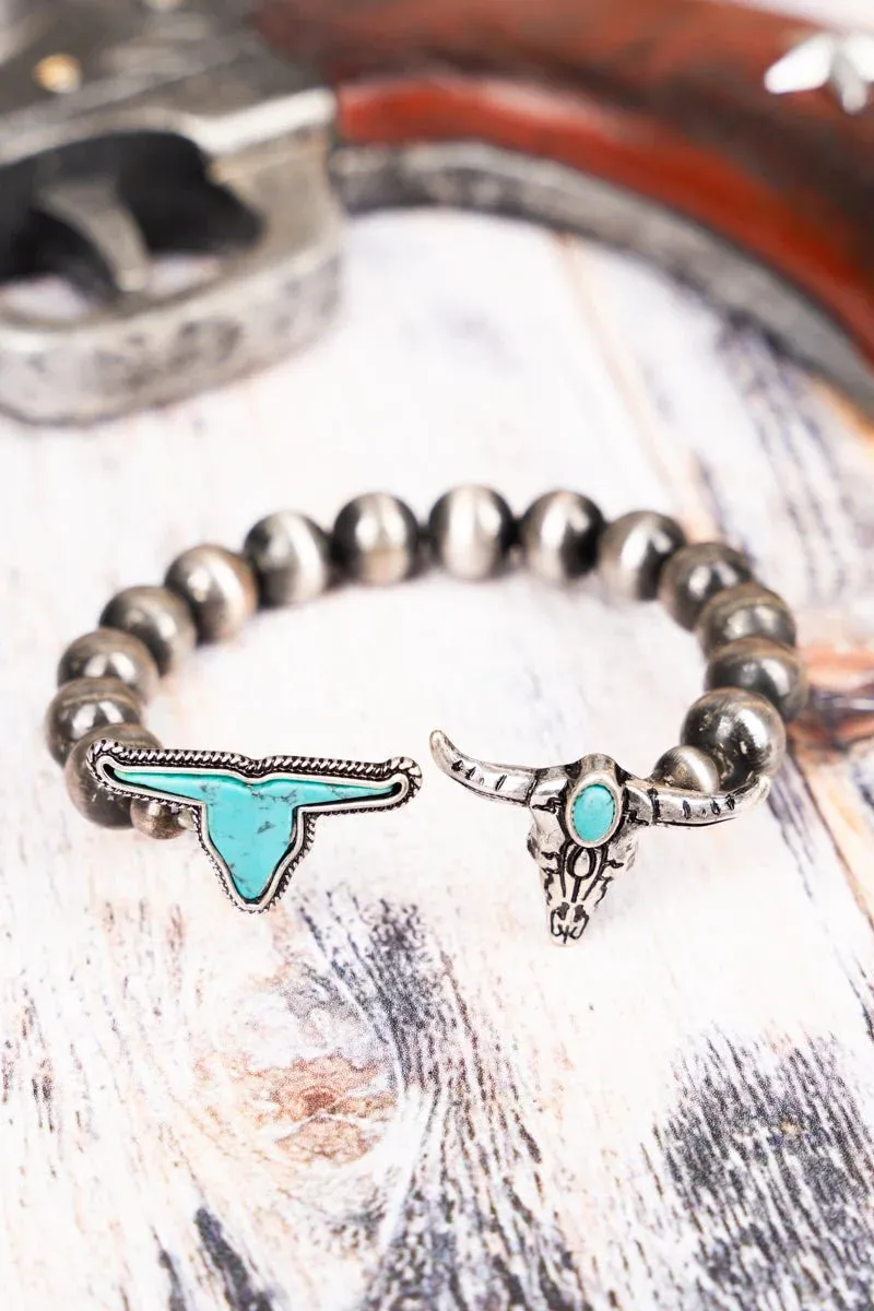 Turquoise Gunrise Steer Head Silvertone Cuff Bracelet