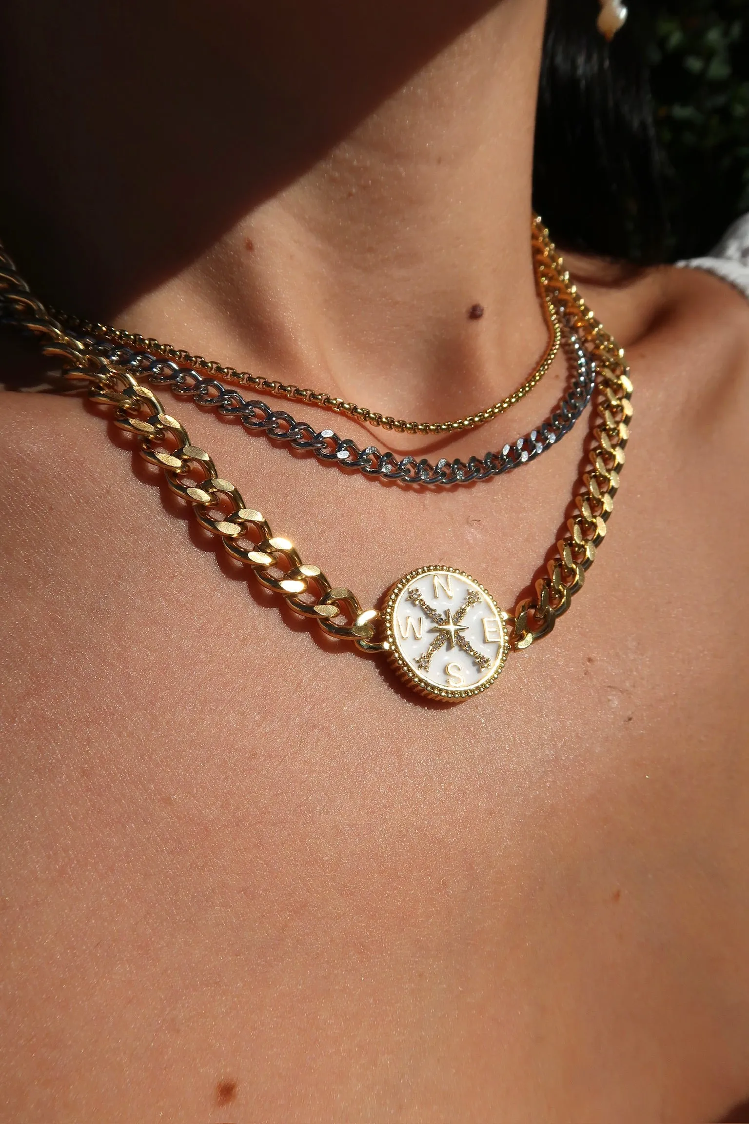 Upper Westside Mother Of Pearl Compass Connected Stainless Layering Necklace
