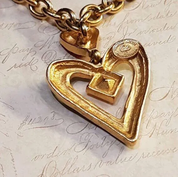 Vintage Christian Lacroix Necklace Heart Pendent Gold Chain