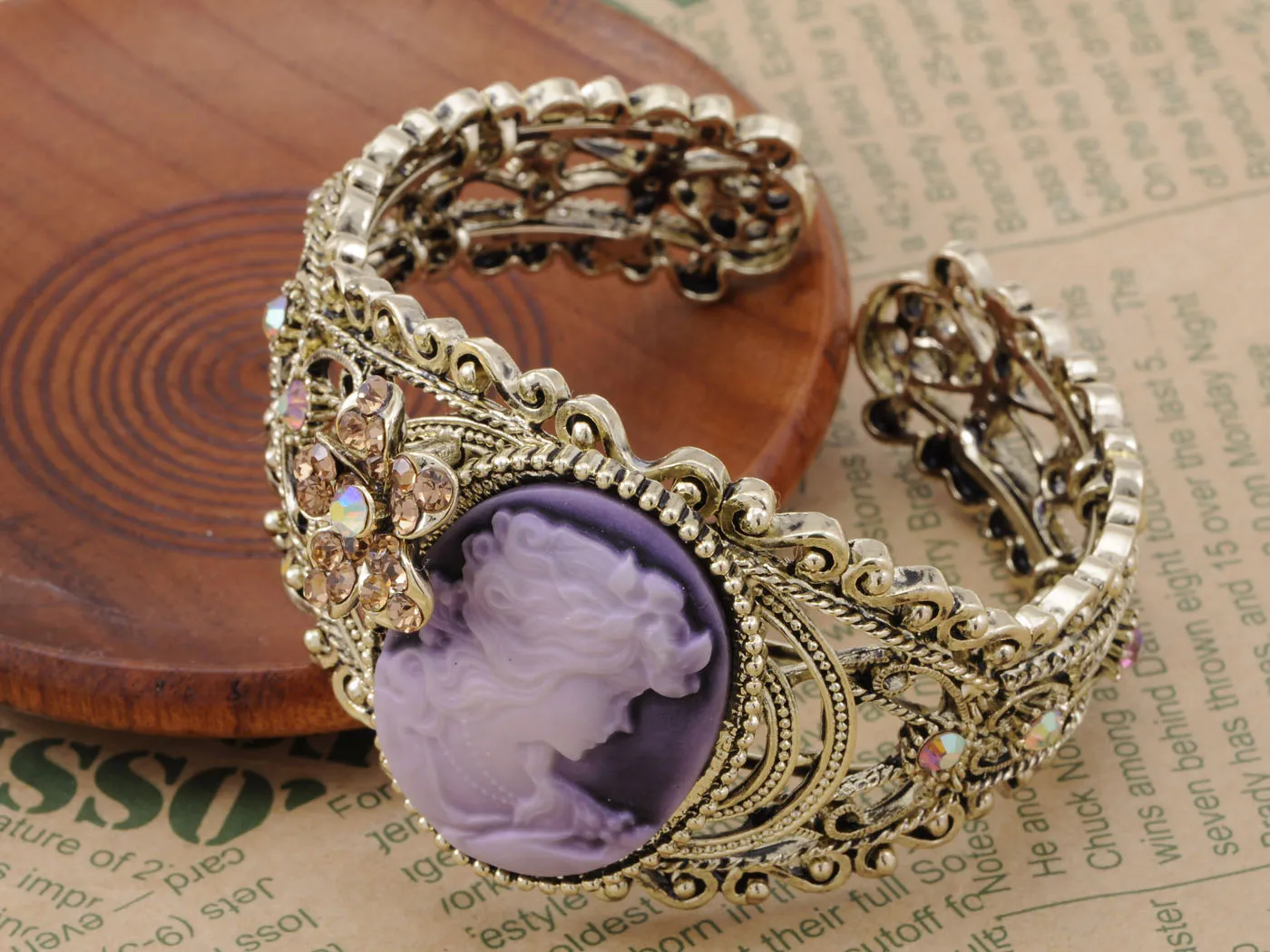 Vintage Flower Victorian Queen Cameo Open Cuff Bangle